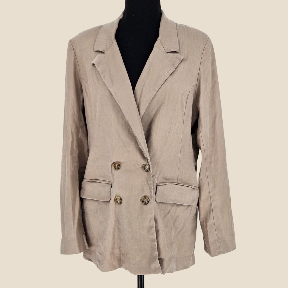 Evereve Women‎ Large Alexa Double Breasted Linen Blend Blazer Tan Herringbone
